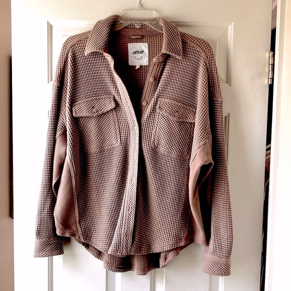Aerie Women’s Textured Waffle Shirt Long Sleeve Brown & Cream Size Oversized XXS - Picture 4 of 16